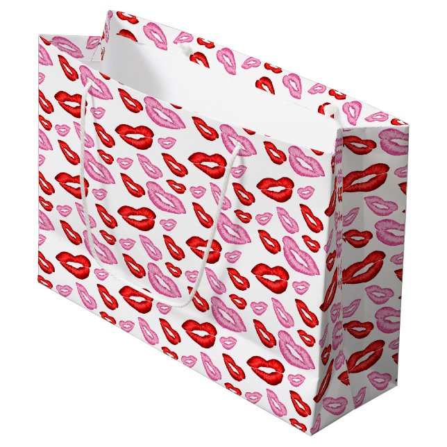Pink and red lipstick prints large gift bag (Front Angled)