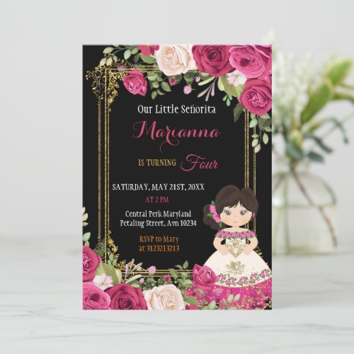 Pink and Red Mexican Floral Girl Fiesta Birthday  Invitation