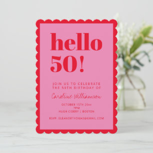 Pink and Red Modern 50th Scalloped Birthday Party Invitation