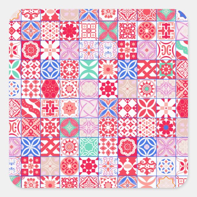 Pink and Red Moroccan Tile Square Sticker (Front)