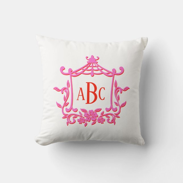 Pink and Red Pagoda Flower Frame Monogram Initials Throw Pillow (Front)