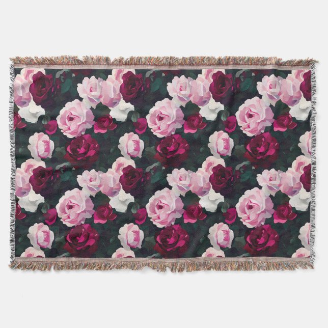 Pink and Red Painted Roses Throw Blanket (Front)