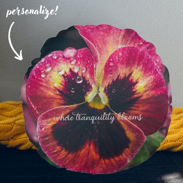 Pink and red pansy flower covered with raindrops round pillow (Creator Uploaded)