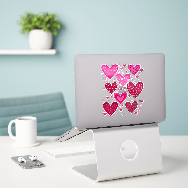 Pink and Red Patterned Hearts Sticker (Laptop On Desk)