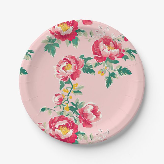 Pink and Red Peony Chinoiserie Floral Paper Plates (Front)