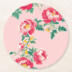 Pink and Red Peony Chinoiserie Floral Round Paper Coaster