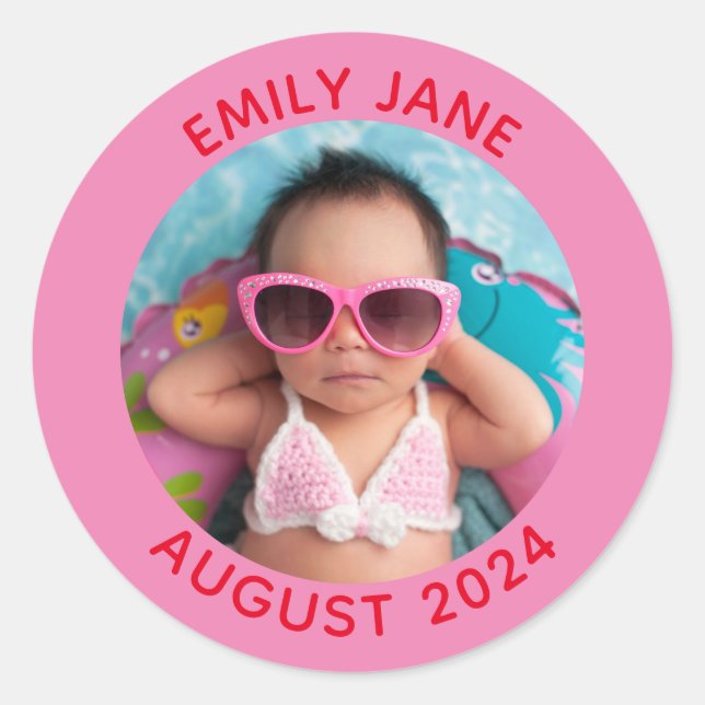 Pink and Red Personalized Round Family Photo Classic Round Sticker (Front)