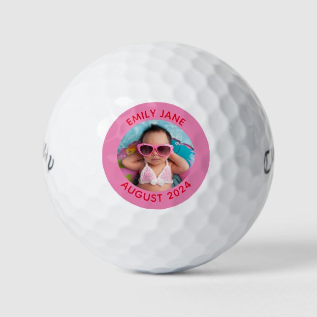 Pink and Red Personalized Round Family Photo Golf Balls (Front)