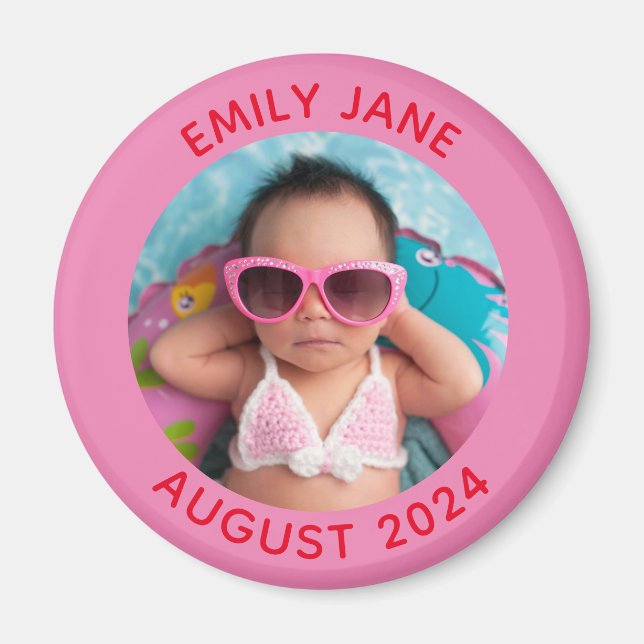 Pink and Red Personalized Round Family Photo Magnet (Front)