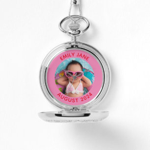 Pink and Red Personalized Round Family Photo Watch