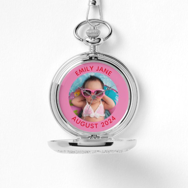 Pink and Red Personalized Round Family Photo Watch (Front)