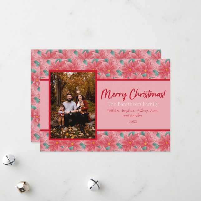 Pink And Red Poinsettia Personalized Photo Family Holiday Card (Front/Back In Situ)