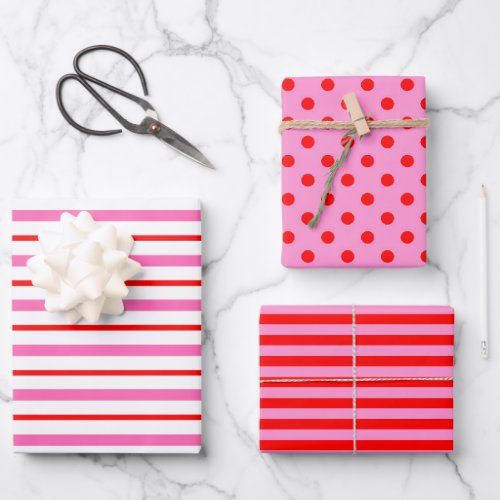 Pink and Red Polka Dot Striped Wrapping Paper Sheets