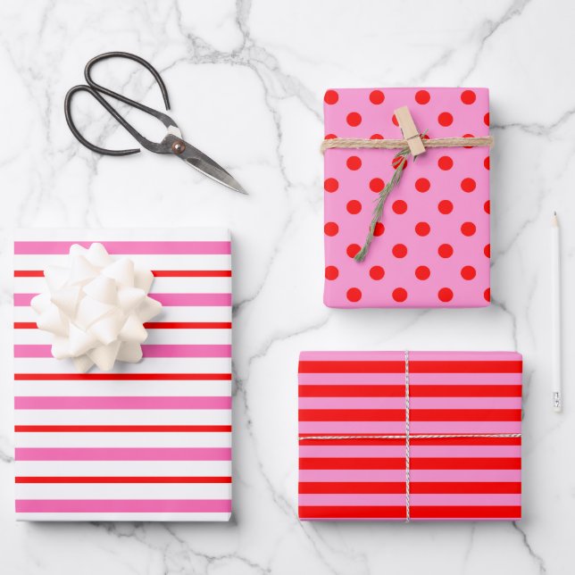 Pink and Red Polka Dot Striped Wrapping Paper Sheets (Front)