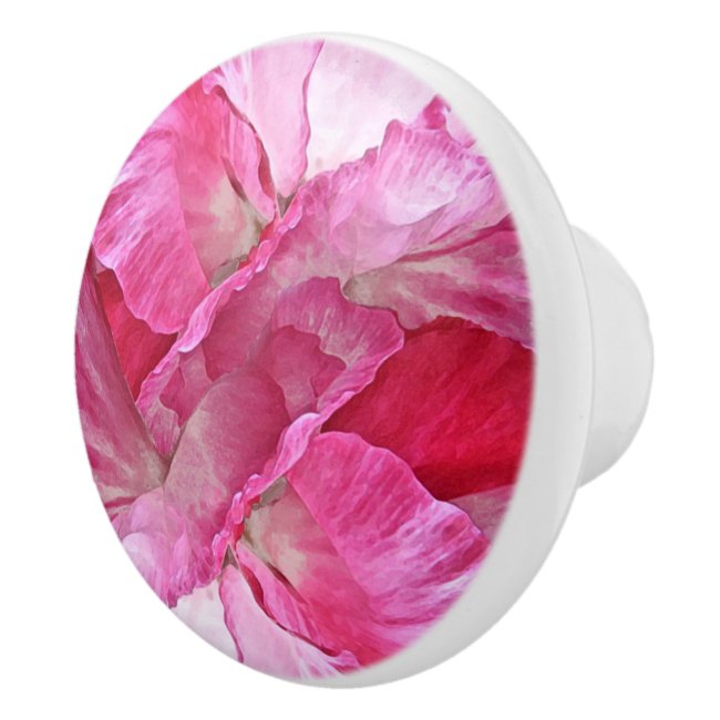 Pink and Red Poppy Flower Floral Ceramic Knob