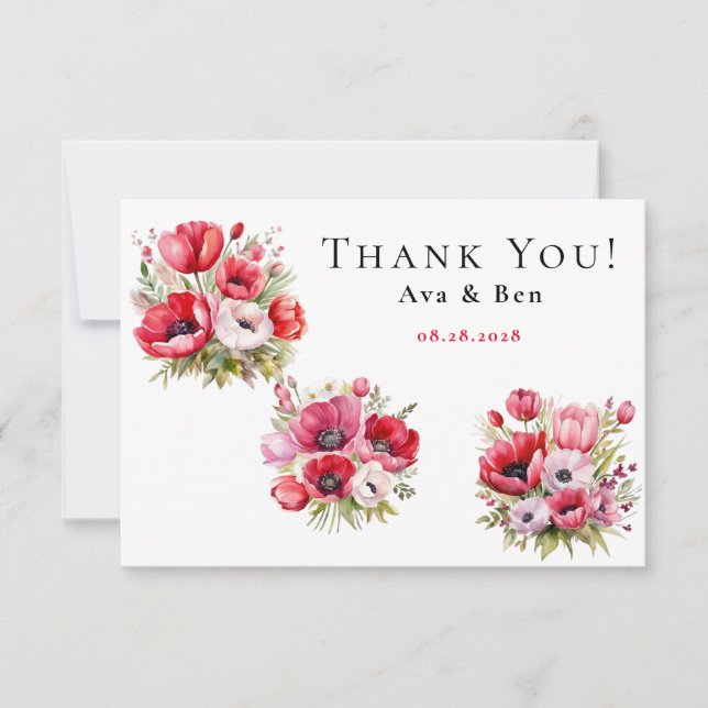 Pink and Red Poppy with Tulips Thank You Card (Front)