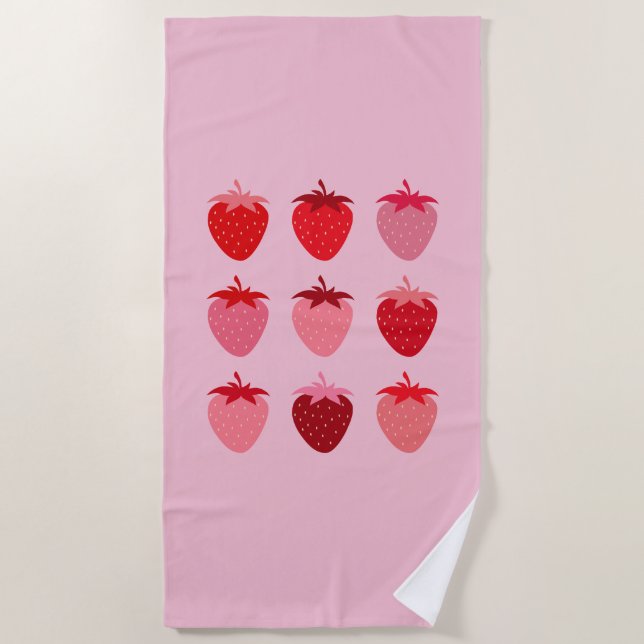 Pink And Red Preppy Aesthetic Strawberries Beach Towel (Front)