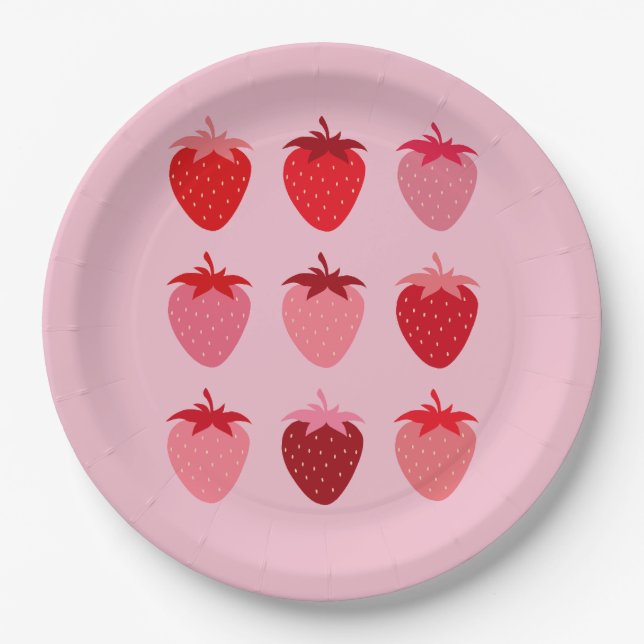 Pink And Red Preppy Aesthetic Strawberries Paper Plates (Front)