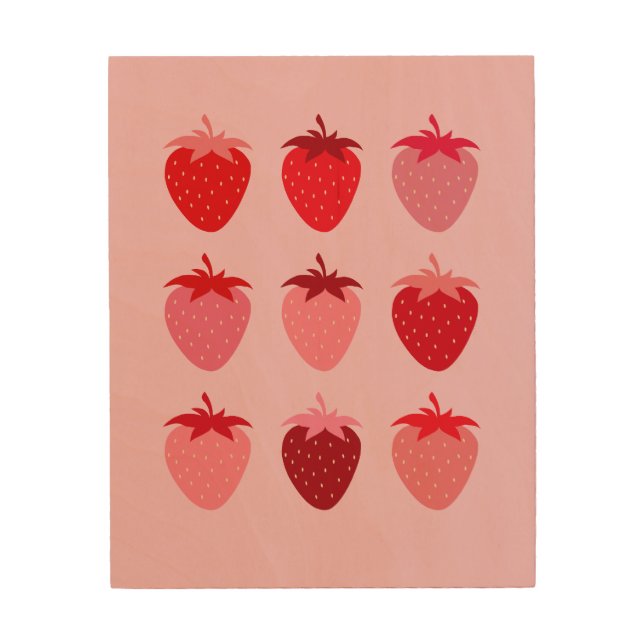 Pink And Red Preppy Aesthetic Strawberries Wood Wall Art (Front)