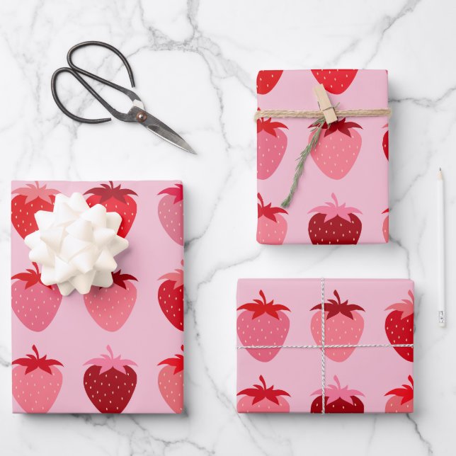 Pink And Red Preppy Aesthetic Strawberries Wrapping Paper Sheets (Front)