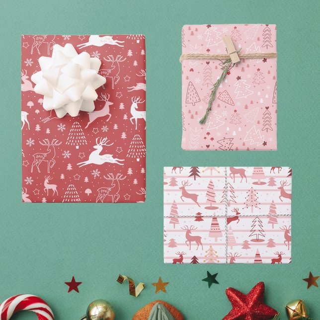 Pink and Red Reindeer and Christmas Trees Wrapping Paper Sheets (Creator Uploaded)