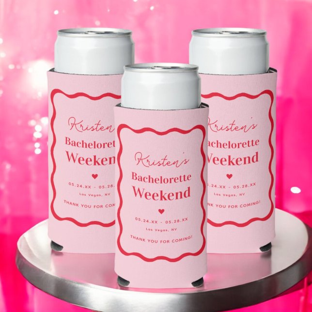 Pink and Red Retro Bachelorette Party Favors Seltzer Can Cooler (Creator Uploaded)