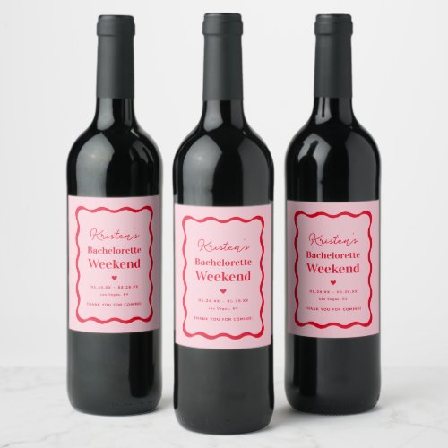 Pink and Red Retro Bachelorette Party Favors Wine Label