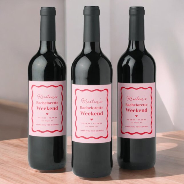 Pink and Red Retro Bachelorette Party Favors Wine Label (Creator Uploaded)
