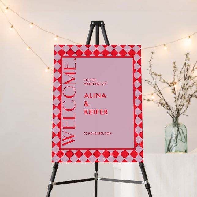 Pink and Red Retro Bold Checkered Pattern Wedding Foam Board (In Situ (Stand))