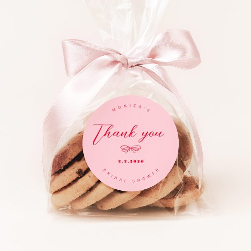 Pink and red retro bow thank you classic round sticker