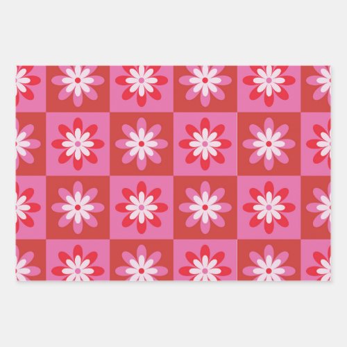 Pink and red retro checkered flowers pattern  wrapping paper sheets