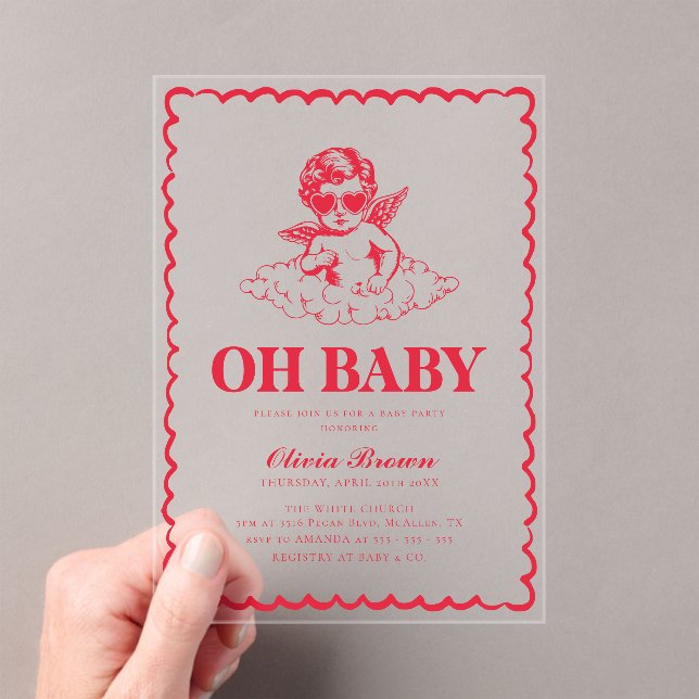 Pink and Red Retro Cherub Baby Shower Acrylic Invitations (Insitu (Handheld))
