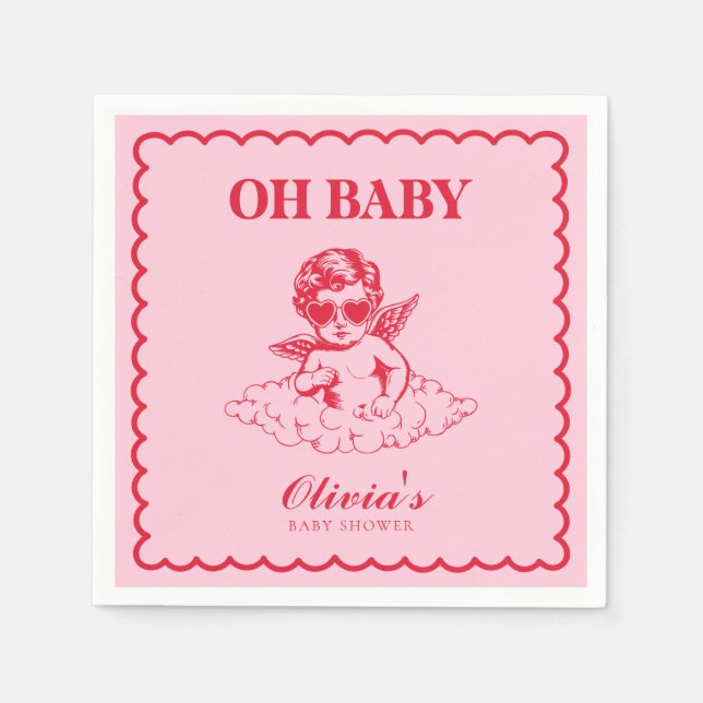 Pink and Red Retro Cherub Baby Shower Napkins (Front)