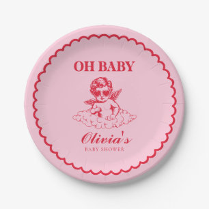 Pink and Red Retro Cherub Baby Shower Paper Plates