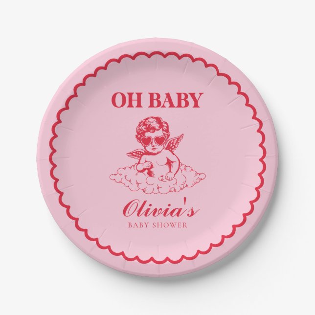 Pink and Red Retro Cherub Baby Shower Paper Plates (Front)