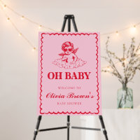 Pink and Red Retro Cherub Baby Shower Sign