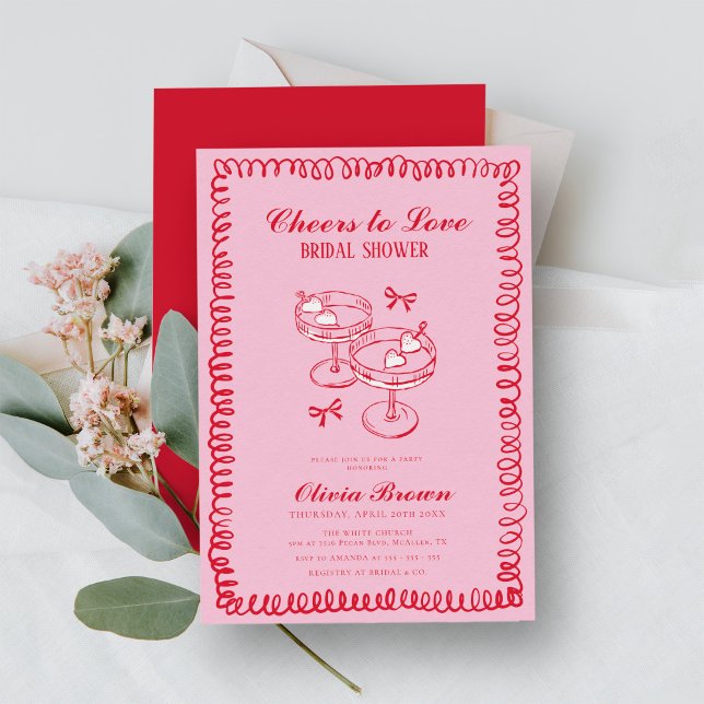 Pink and Red Retro Hand Drawn Bridal Shower Invitation (Creator Uploaded)
