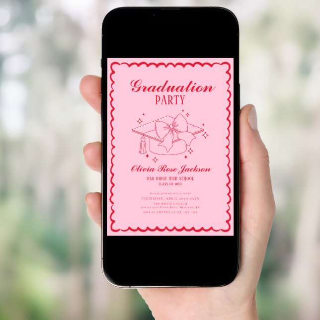 Pink and Red Retro Hand Drawn Photo Graduation Invitation (Front Digital)