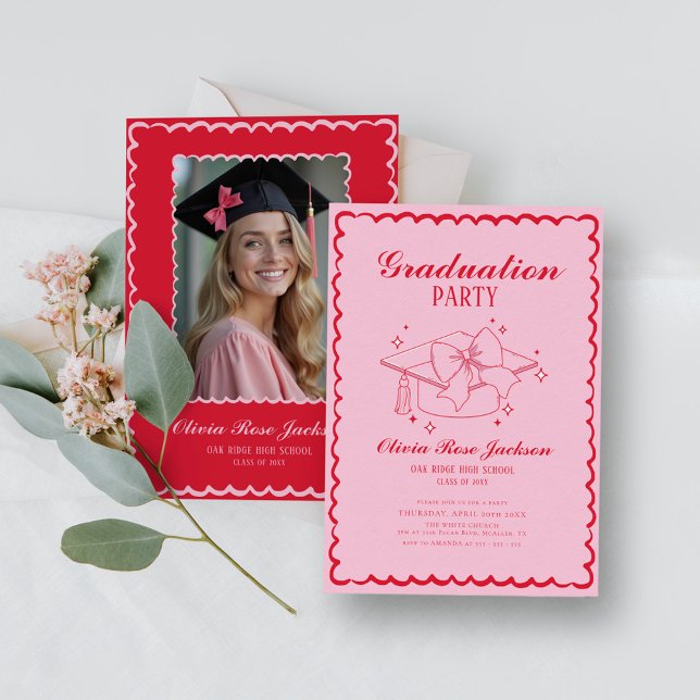 Pink and Red Retro Hand Drawn Photo Graduation Invitation (Creator Uploaded)