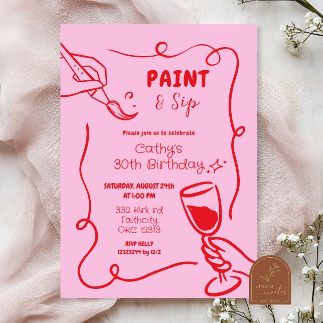 Pink and Red Retro Vintage Paint and Sip Birthday Invitation (Creator Uploaded)