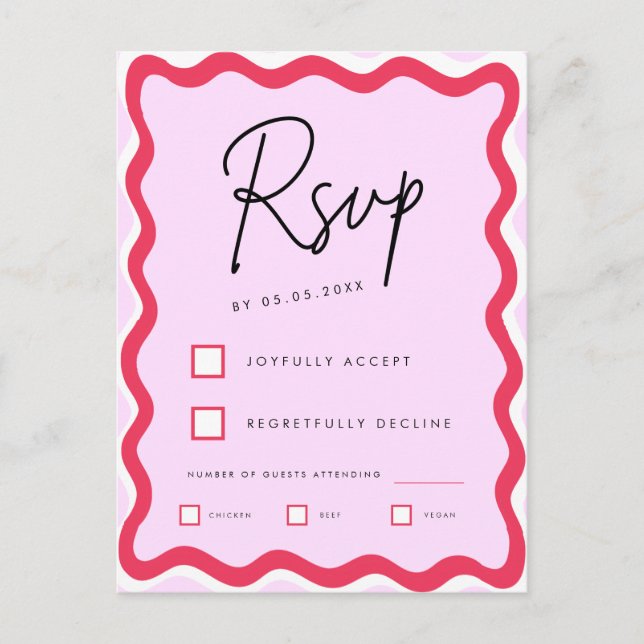 Pink and Red Retro Wavy Border Stylish Trendy RSVP Postcard (Front)