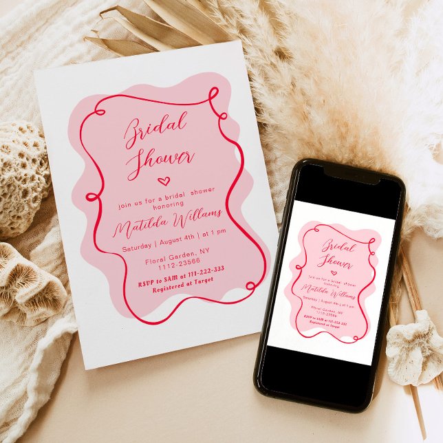 Pink and red retro wavy frame bridal shower invitation (Creator Uploaded)