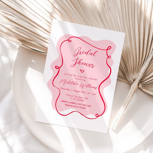 Pink and red retro wavy frame bridal shower invitation