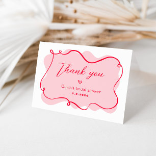Pink and red retro wavy frame bridal shower letterpress thank you card