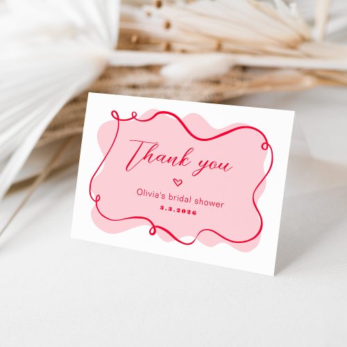 Pink and red retro wavy frame bridal shower thank you card