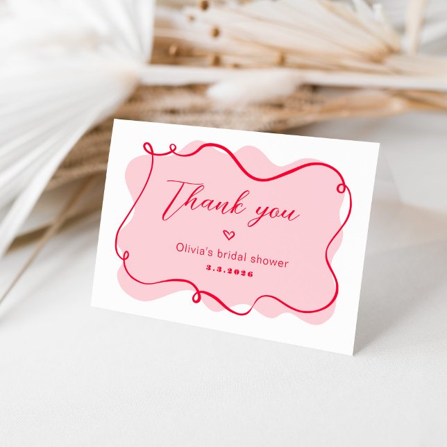 Pink and red retro wavy frame bridal shower thank you card (Creator Uploaded)