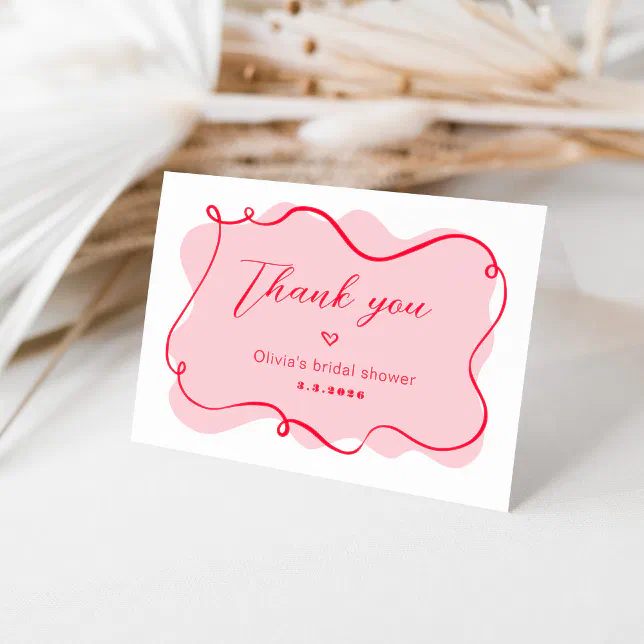Pink and red retro wavy frame bridal shower thank you card | Zazzle