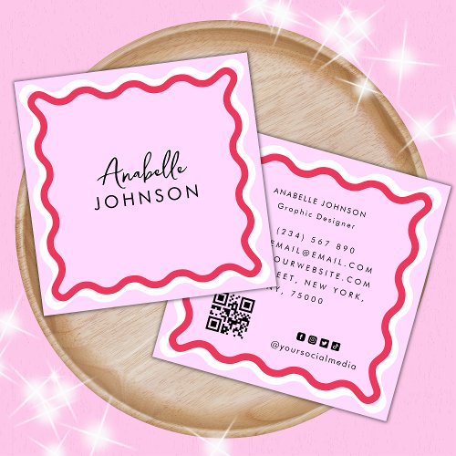 Pink and Red Retro Wavy Frame Modern Script Name Square Business Card