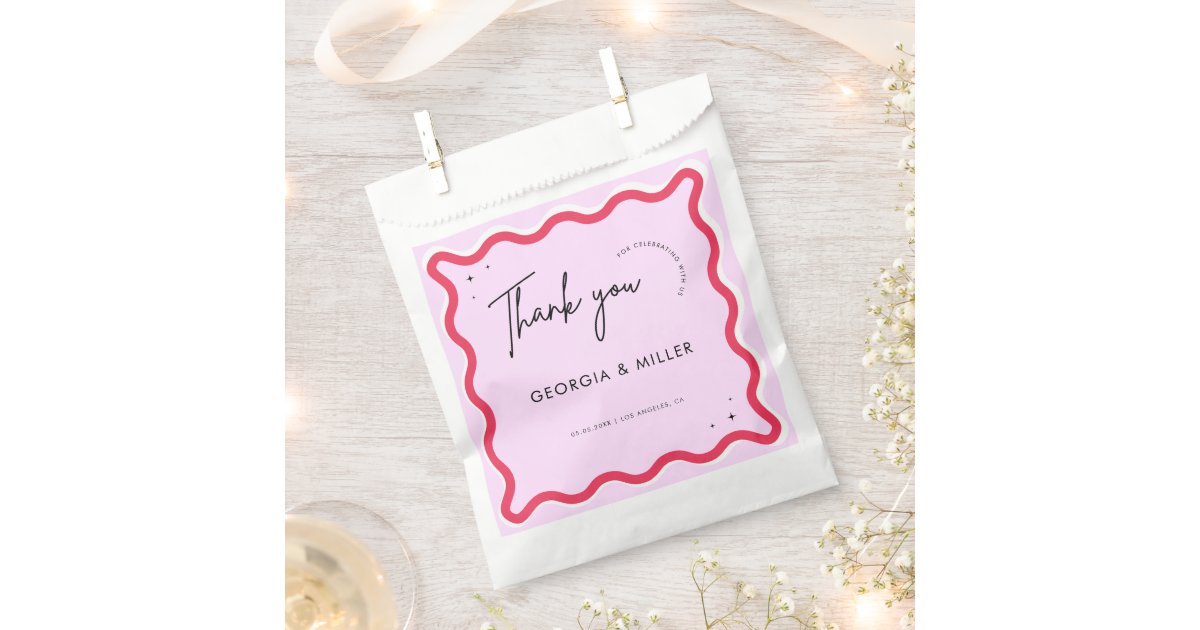 Pink and Red Retro Wavy Frame Wedding Thank You Favor Bag | Zazzle