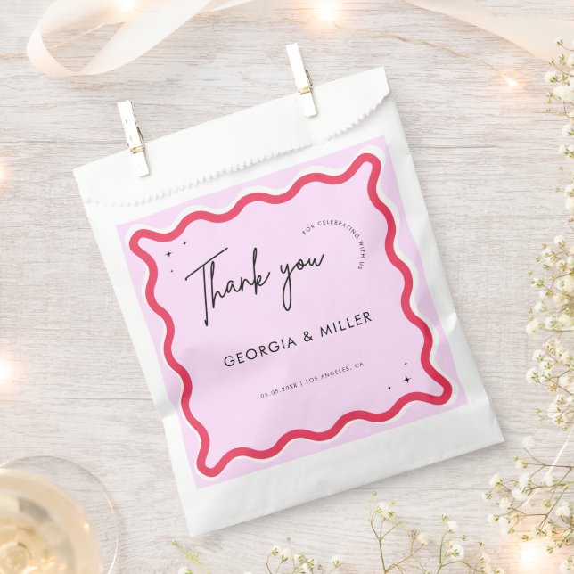 Pink and Red Retro Wavy Frame Wedding Thank You Favor Bag (Clipped)